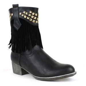 Poppy-06 Studs Fringed Western Mid-Calf Boot